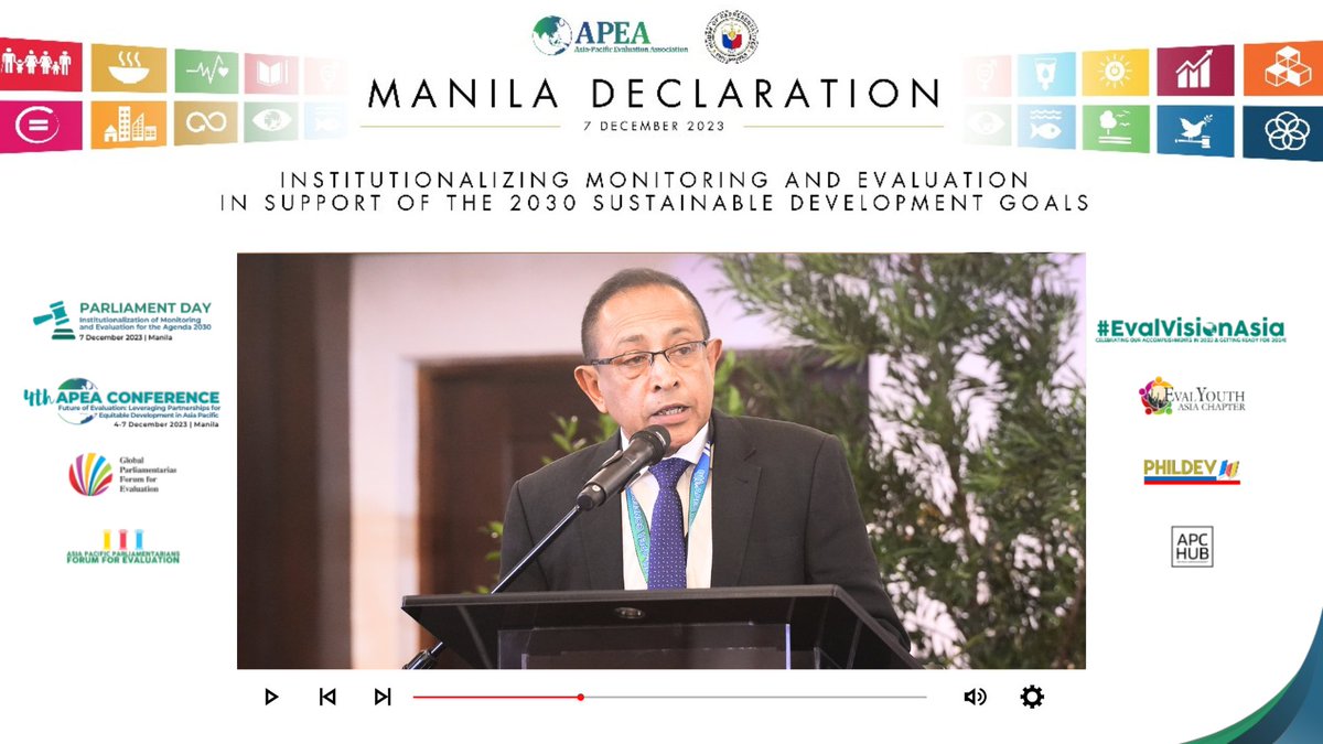 '@eval_gpf advocates for national evaluation policies and institutionalization to enhance governance'

Watch the speech of Hon. Kabir Hashim, Chair @eval_gpf: youtu.be/_2l_axKSkd0 

Sign the #ManilaDeclaration: asiapacificeval.org/manila-declara… 📝

#Eval4Action #APChub