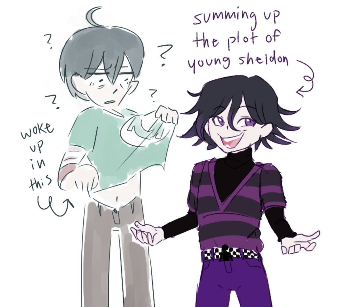 'the craziest part is, shuichi, he created none pizza left beef before he even CONSIDERED the world of a 'young sheldon'... stop moping and listen to me!!!'

#shuichi #kokichi #danganronpa #drv3