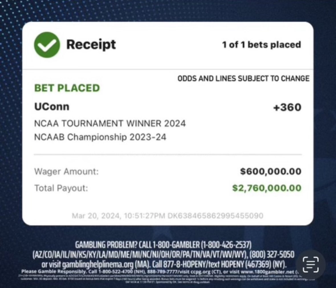 stoolpresidente's tweet image. The greatest bet of my life. Thank you #uconn Destroyed everybody and everything in their path. They'd win the tournament 100 out of 100 times. The biggest win of my life by a mile.