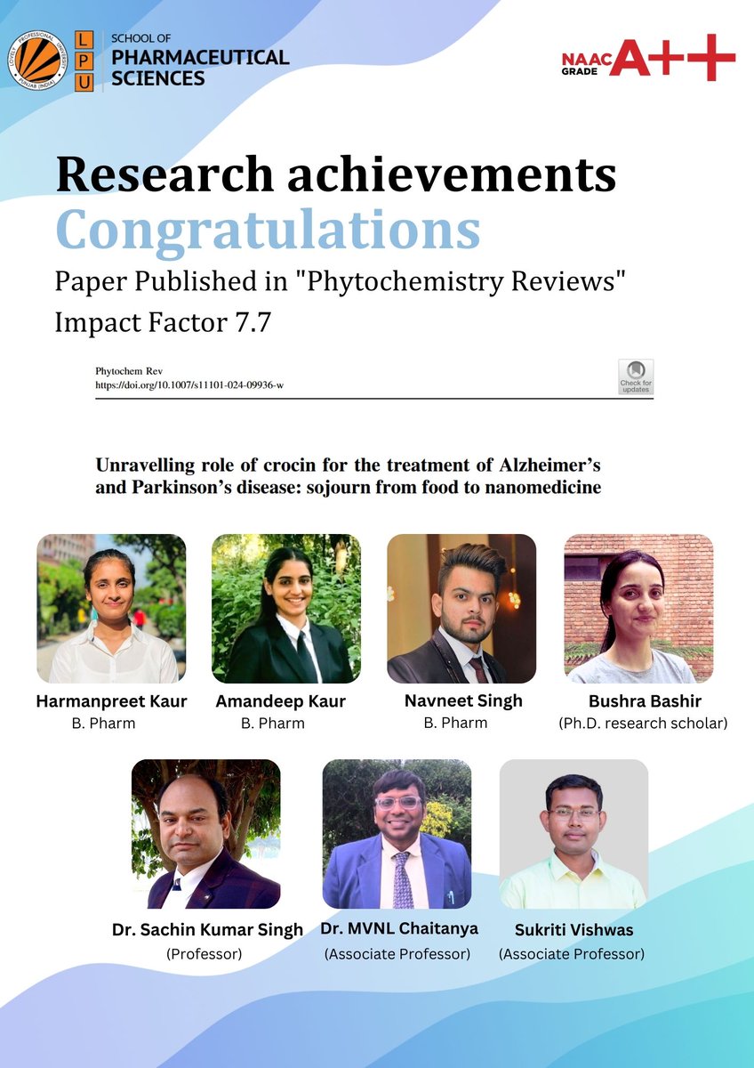 School of Pharmaceutical Sciences, LPU congratulates Ms. Harmanpreet Kaur, Ms. Amandeep Kaur, Mr. Navneet Singh, and Ms. Bushra Bashir along with their mentors for the publication of a paper in 'Phytochemistry Reviews' #lpuuniversity #lpu #lpupharmaceutical #Thinkbig #achievement