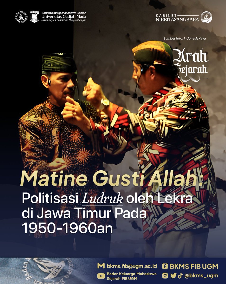 bkms_ugm's tweet photo. [Arah Sejarah April #2 2024]

Halo Sobat Sejarah! 👋
Ehh, Arah Sejarah hadir lagi nihh! Judulnya, Matine Gusti Allah: Politisasi Ludruk oleh Lekra di Jawa Timur pada 1950-1960-an.

Pada masa lalu, kesenian Ludruk bukan cuma jenis kesenian aja loh! https://t.co/nhtazA6bRP