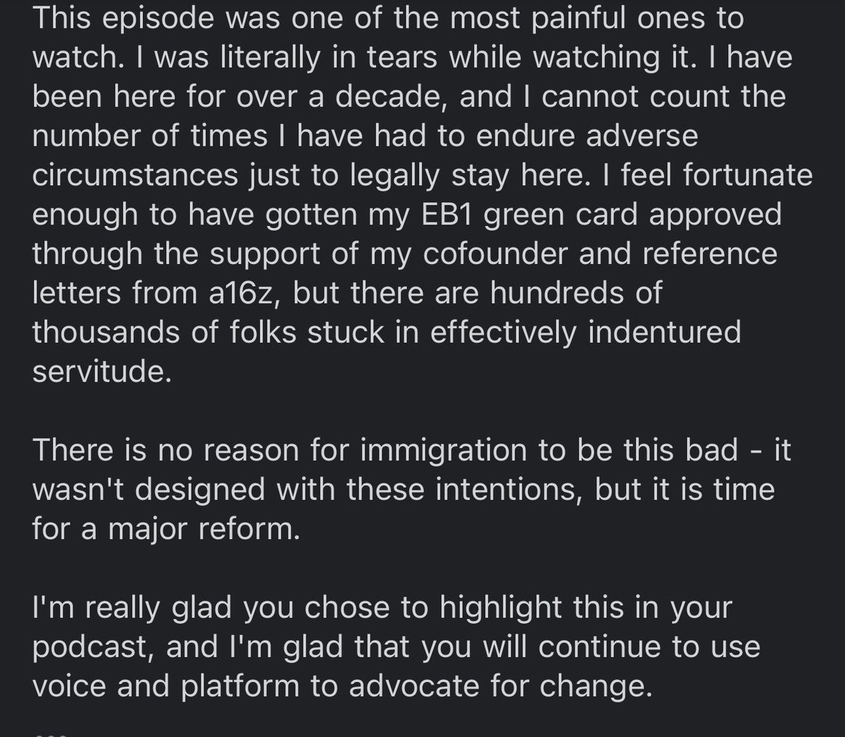 One of many notes @aarthir and I got for our episode with @deedydas on skilled immigration. This is from someone in the a16z family I haven’t met yet - sharing with permission. Many many many such stories.