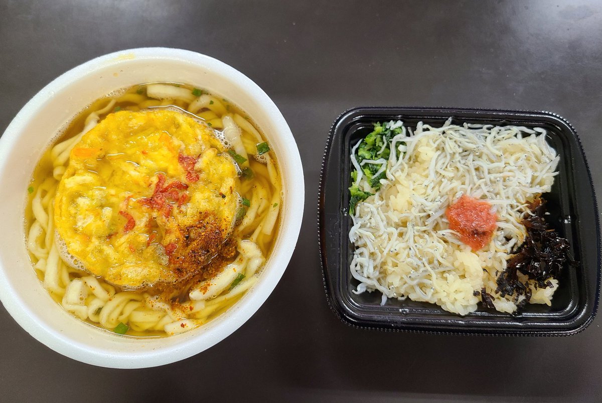 今日の昼食は、どん兵衛の「かき揚げ天ぷらうどん」と「釜揚げしらすごはん」です。