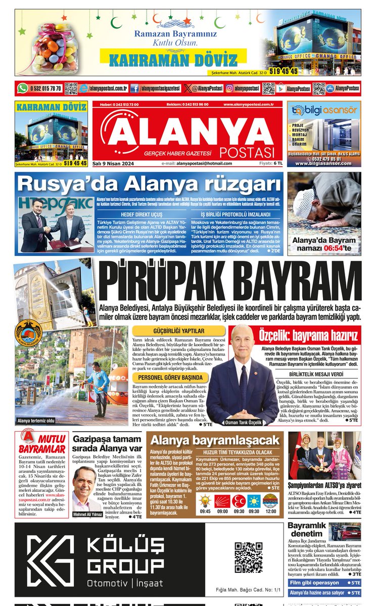 1. Sayfa 9 Nisan 2024 E-gazete için tıklayınız egazete.alanyapostasi.com.tr