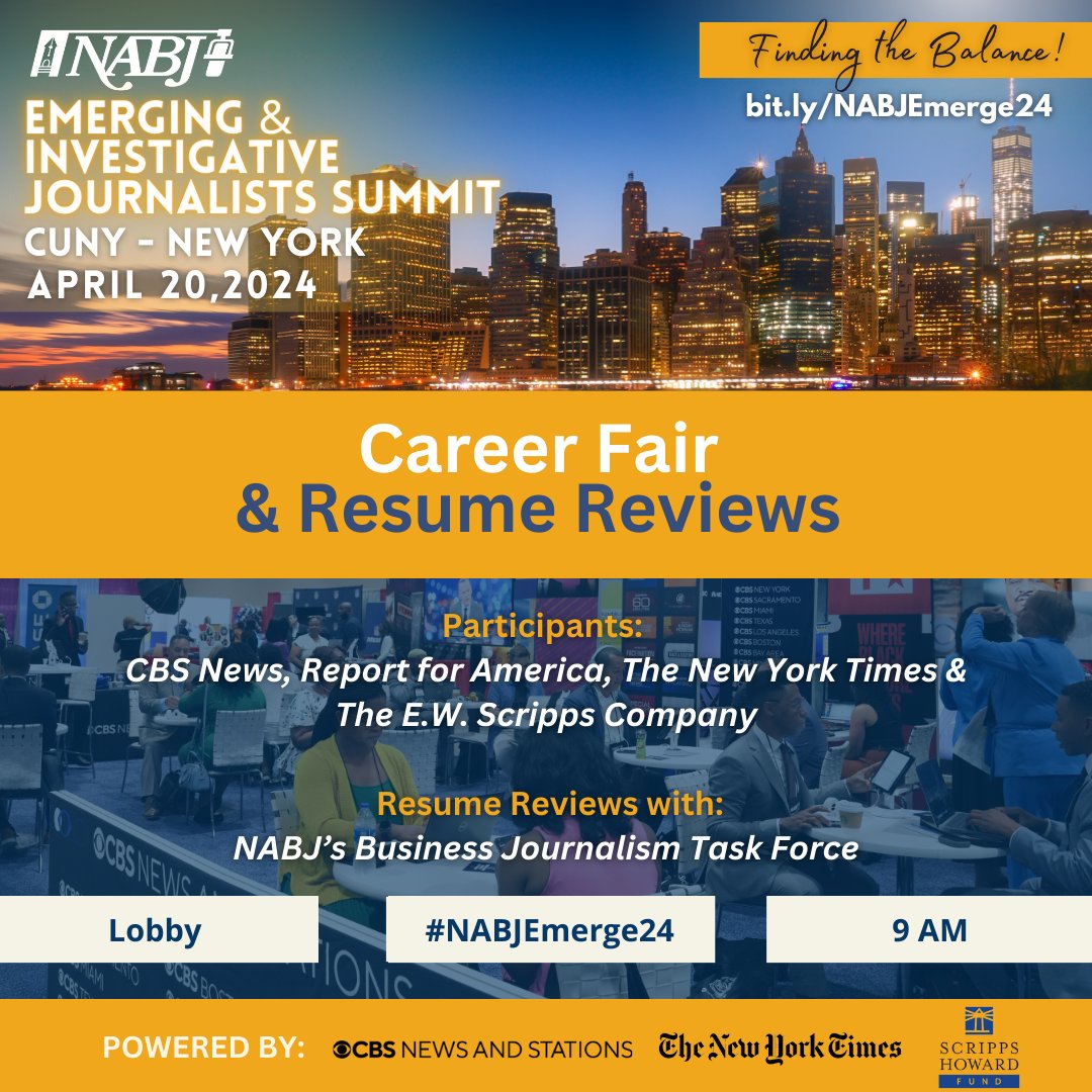 #NABJEmerge24: 💼Ready to take your career to new heights? Meet CBS News, Report for America, The New York Times & The E.W. Scripps Company at our career fair on April 20 in NY! Get expert feedback on your resume from business journalists. Register now: ℹ️bit.ly/NABJEmerge24!