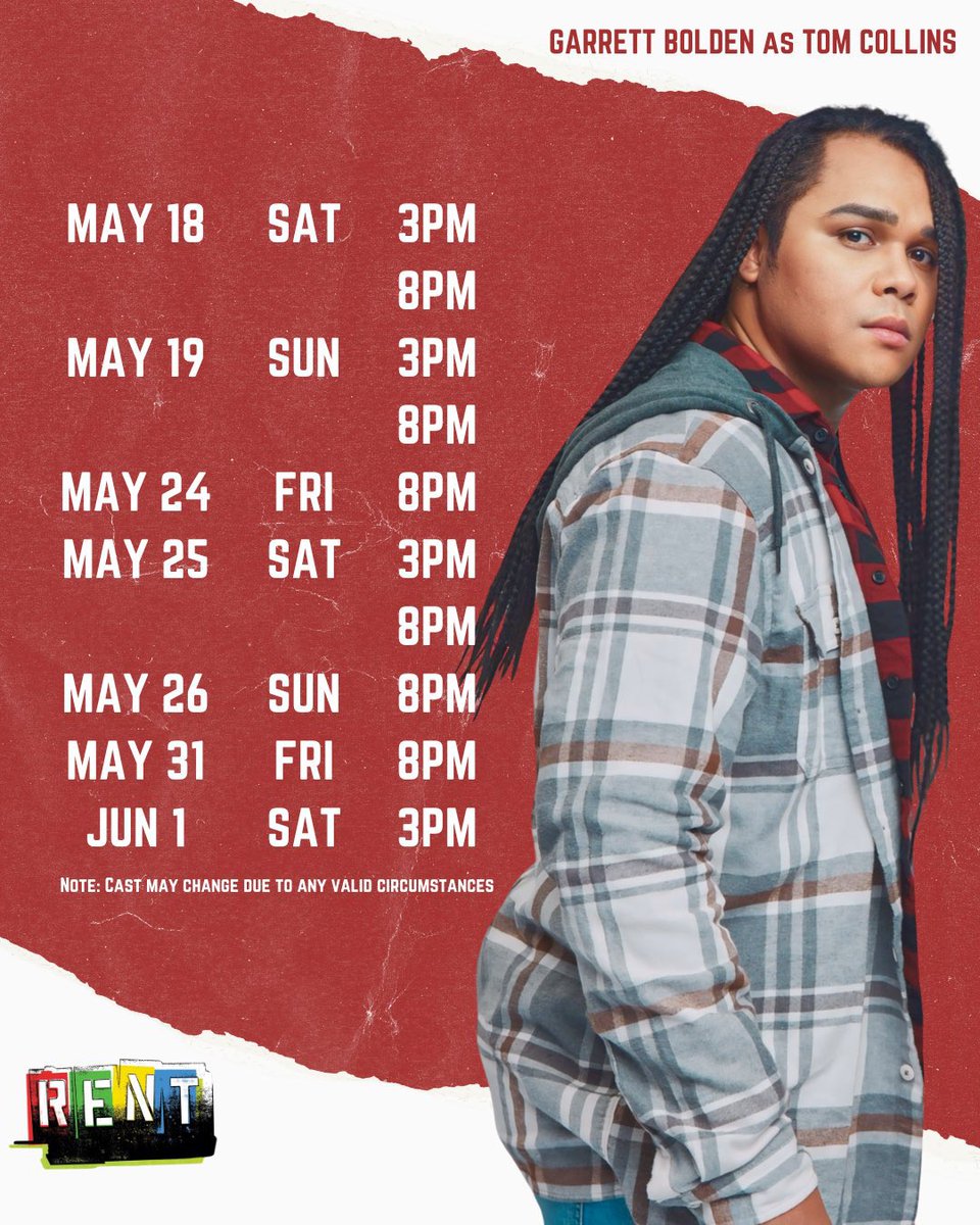 La Vie Bohem 🔥 catch me as Tom Collins on these dates ! Watch RENT all weekends of April and May at the RCBC Plaza, Makati! Reserve your seats now via bit.ly/TicketstoRentM… or via our show buyers. grab your tickets now! 🎫 #RentMNL2024 #9Worksat15