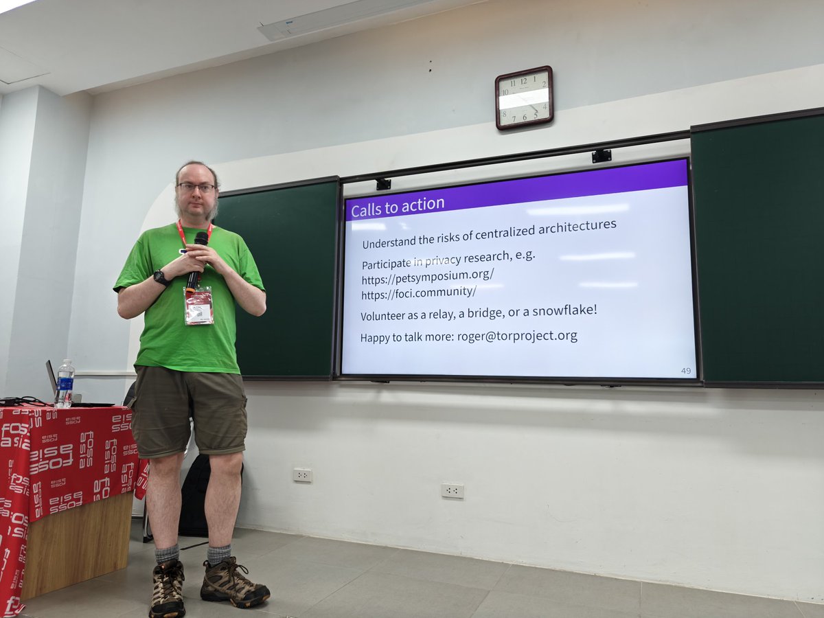 'Technology is inherently policitical': @RogerDingledine underscoring the ethos of @torproject #TIL : The most visited website on #TheDarkWeb is @facebook @fossasia #FOSSASIASummit2024