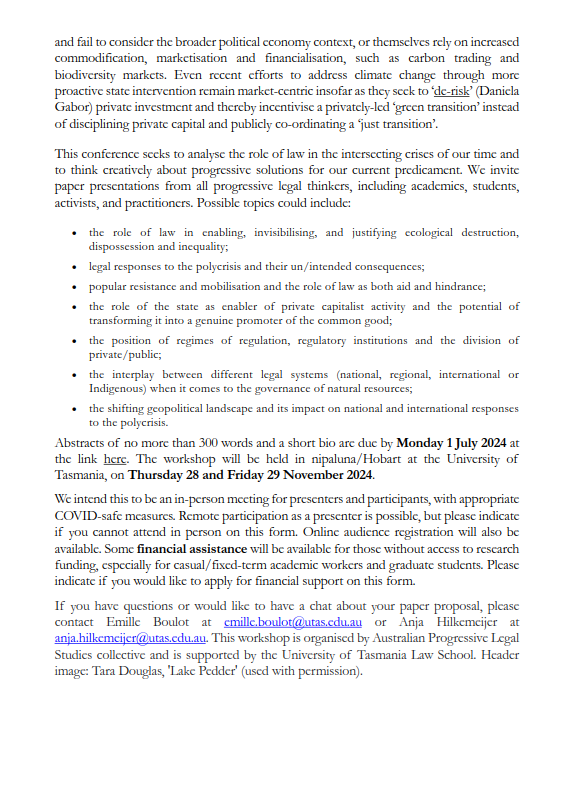 🔥🤔📣🚨APLS will be back end november 2024, this time in nipaluna/hobart on 'Legal entanglements between state and capital in a warming world'. Abstracts due 1 july. plz share very widely, comrades of all kinds very welcome: forms.gle/9Nbn9LzveFL8fe…