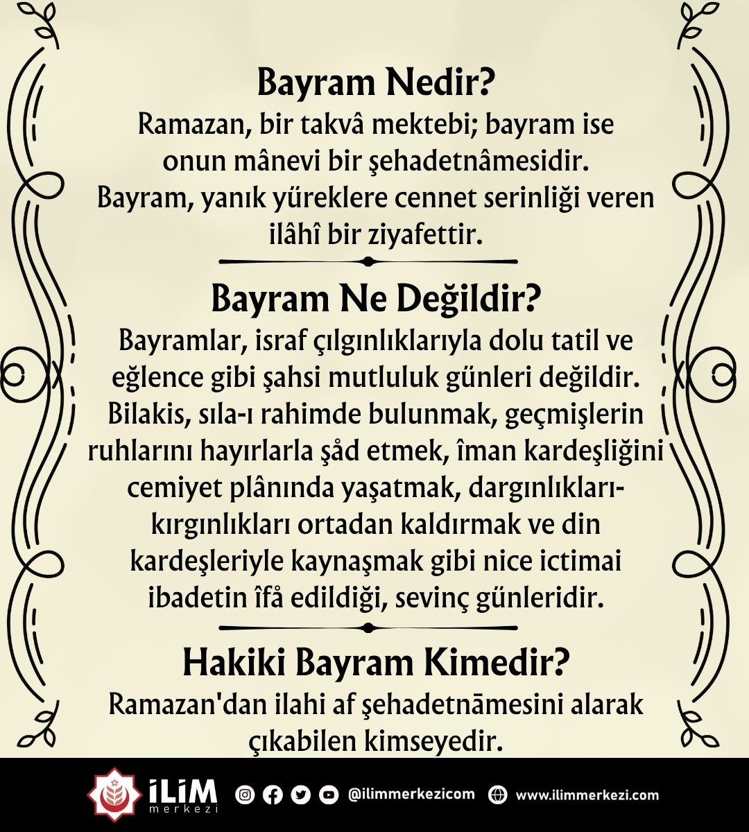 Bayram Nedir? Ramazan, bir takvâ mektebi; bayram ise onun mânevi bir şehadetnâmesidir. Bayram, yanık yüreklere cennet serinliği veren ilâhî bir ziyafettir. #Bayram #Ramazanbayramı #ibadet #islam #ismailağa