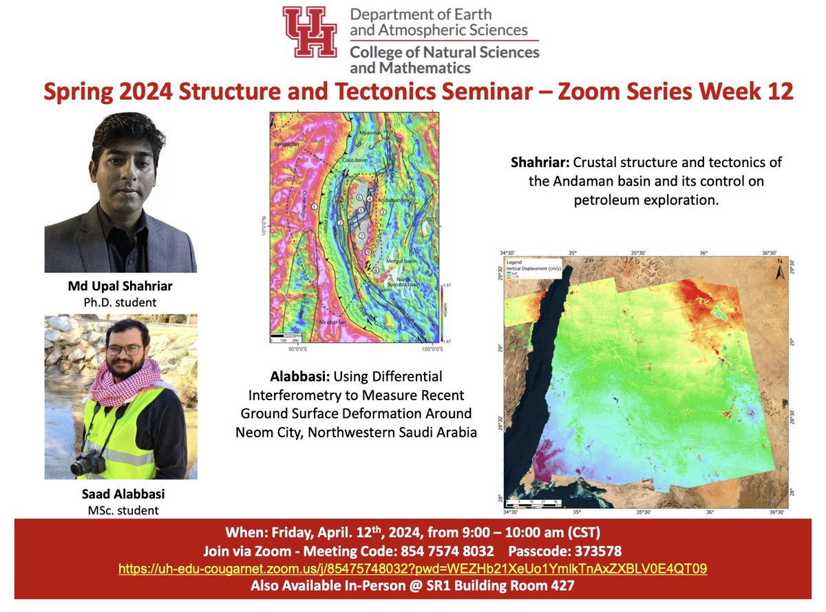 EAS graduate students Shahriar and Alabbasi will present some of their research in this week's Structure and Tectonics Seminar. Both in-person and online participation options are available. See details below. #CrustalStructure #Tectonics #Deformation