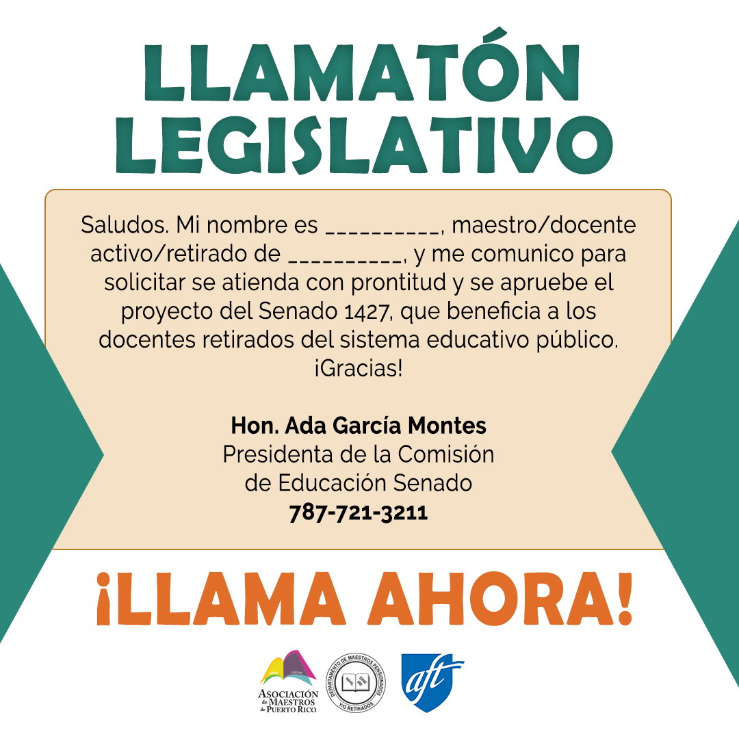 amprnet's tweet photo. 𝐋𝐋𝐀𝐌𝐀𝐓𝐎́𝐍 𝐋𝐄𝐆𝐈𝐒𝐋𝐀𝐓𝐈𝐕𝐎
Usa el mensaje sugerido y déjale saber a la @CamaraConPR y al @SenadoPR que esperas atiendan con premura y aprueben los proyectos #PC1988, #PC1989 y #PS1427 para beneficio de nuestros docentes retirados.
#justiciaparanuestrosretirados https://t.co/8V5utD4VtT