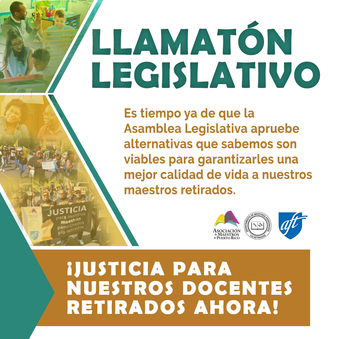 amprnet's tweet photo. 𝐋𝐋𝐀𝐌𝐀𝐓𝐎́𝐍 𝐋𝐄𝐆𝐈𝐒𝐋𝐀𝐓𝐈𝐕𝐎
Usa el mensaje sugerido y déjale saber a la @CamaraConPR y al @SenadoPR que esperas atiendan con premura y aprueben los proyectos #PC1988, #PC1989 y #PS1427 para beneficio de nuestros docentes retirados.
#justiciaparanuestrosretirados https://t.co/8V5utD4VtT