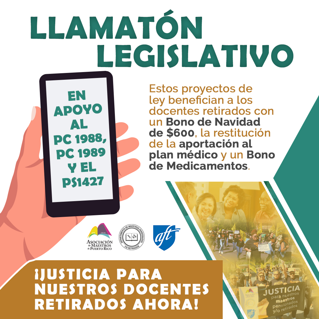 amprnet's tweet photo. 𝐋𝐋𝐀𝐌𝐀𝐓𝐎́𝐍 𝐋𝐄𝐆𝐈𝐒𝐋𝐀𝐓𝐈𝐕𝐎
Usa el mensaje sugerido y déjale saber a la @CamaraConPR y al @SenadoPR que esperas atiendan con premura y aprueben los proyectos #PC1988, #PC1989 y #PS1427 para beneficio de nuestros docentes retirados.
#justiciaparanuestrosretirados https://t.co/8V5utD4VtT