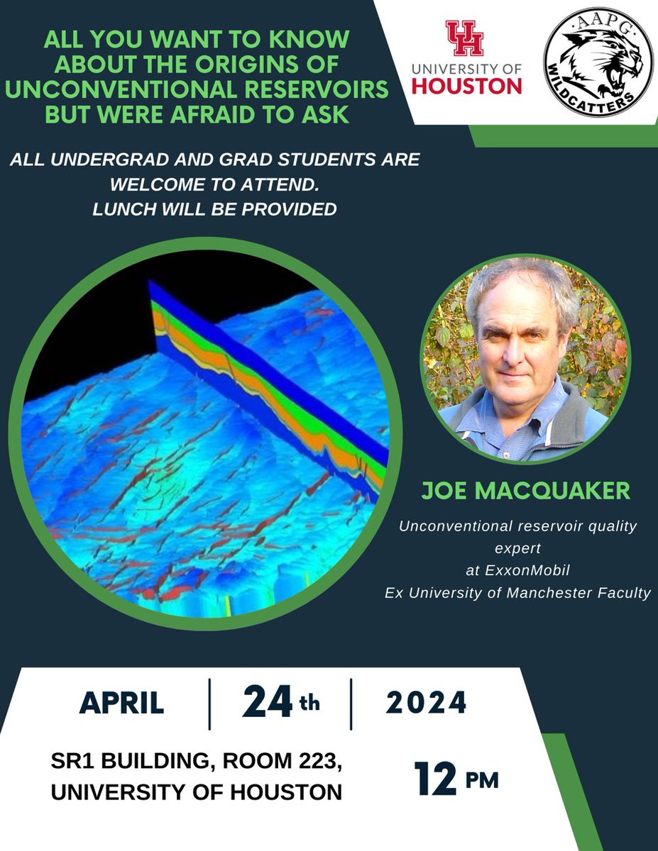 All you want to know about unconventional reservoirs! Please join us on April 24th in SR1-223 on UH campus to meet and talk to Joe MacQuaker, an unconventional expert from ExxonMobil. Lunch provided. Details below. #Unconventional #energy