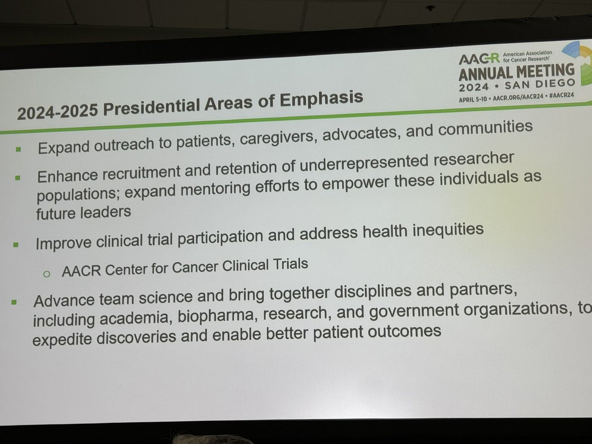 👏 Attn: We have a new @AACRPres - clinician scientist extraordinaire, Dr. PatLoRusso! Dr. LoRusso outlined some of her priorities today; 🎯 ⬆️ outreach to patients 🎯 ⬆️ recruitment/retention of underrepresented researchers 🎯 @AACR Center for Cancer Clinical Trials #AACR24