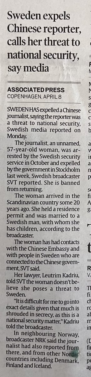 #Sweden expells #Chinese journalist, citing national security. Wake up call to nations. While there is no free press in #China, #Communist Party abuses freedoms elsewhere to execute its agenda.