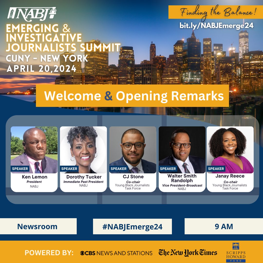 🏙️We'll kick off #NABJEmerge24 in NY on April 20 with a warm welcome from industry trailblazers! Join @kenlemonnabj, @Dorothy4NABJ, CJ Stone, @janay_reece & @WalterReports for inspiring remarks. Register now and meet us at @newmarkjschool!
ℹ️ bit.ly/NABJEmerge24