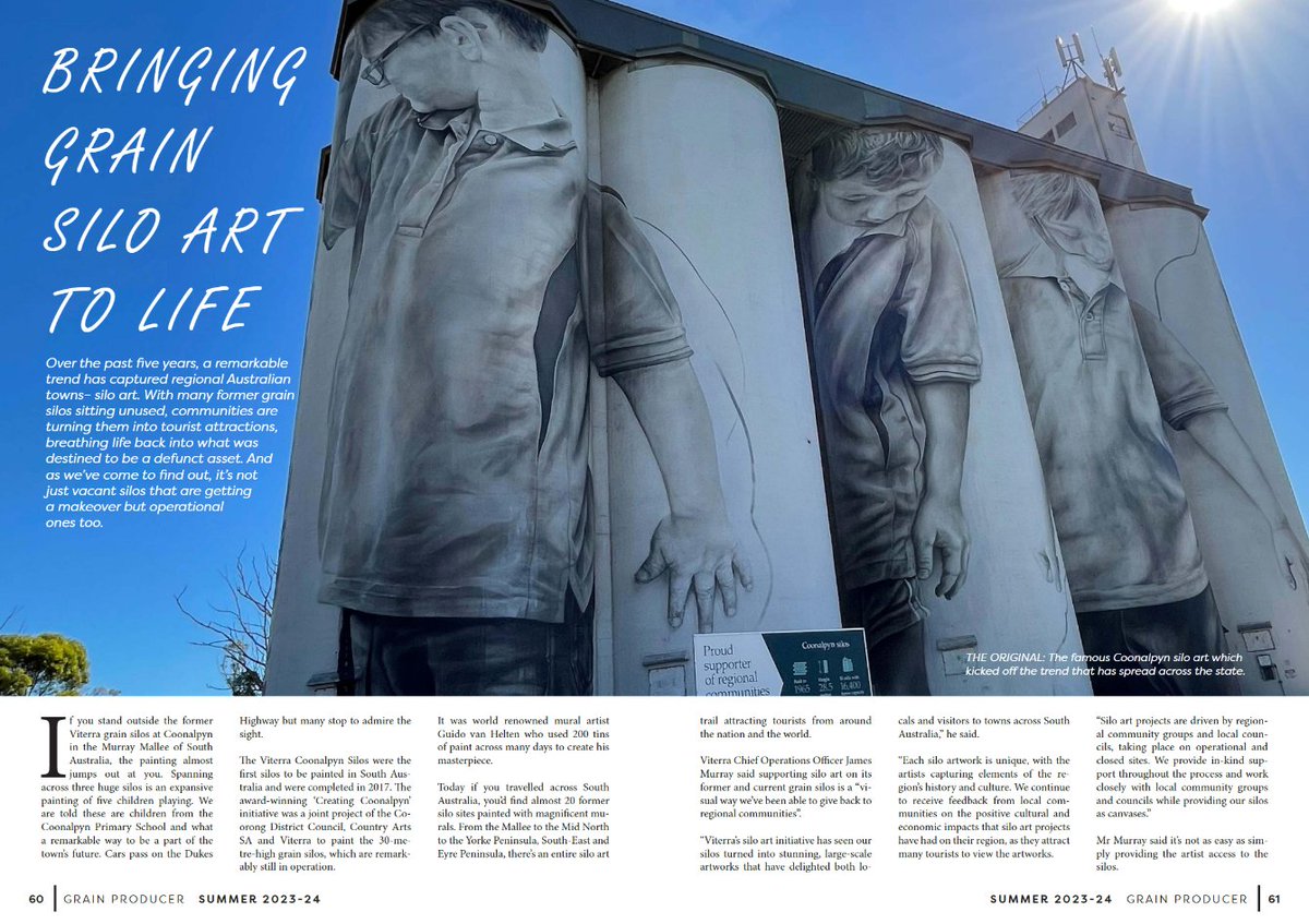 Over the past 5 years, a remarkable trend has captured regional Australian towns: silo art. With many former grain silos sitting unused, communities are turning them into tourist attractions, breathing life back into what was destined to be a defunct asset.shorturl.at/mwAJU