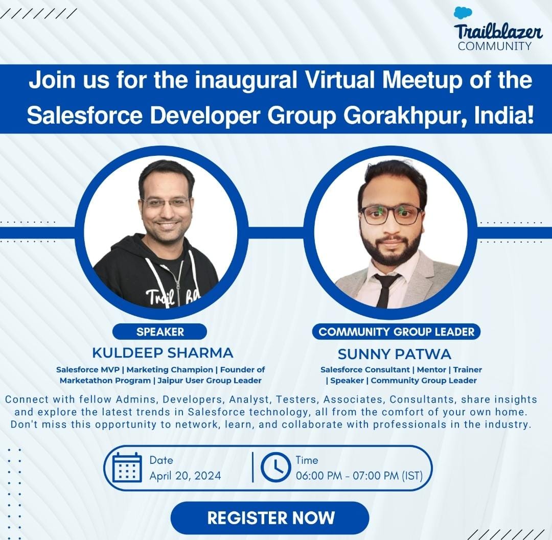 Join us for our 𝗜𝗻𝗮𝘂𝗴𝘂𝗿𝗮𝗹 𝗩𝗶𝗿𝘁𝘂𝗮𝗹 𝗠𝗲𝗲𝘁𝘂𝗽 of @sfdevgorakhpur and offering Salesforce Technology Career Guidance to all Attendees by @kdsharmas Register now to secure your spot! 🔗 𝗥𝗲𝗴𝗶𝘀𝘁𝗲𝗿 𝗡𝗼𝘄: trailblazercommunitygroups.com/events/details…