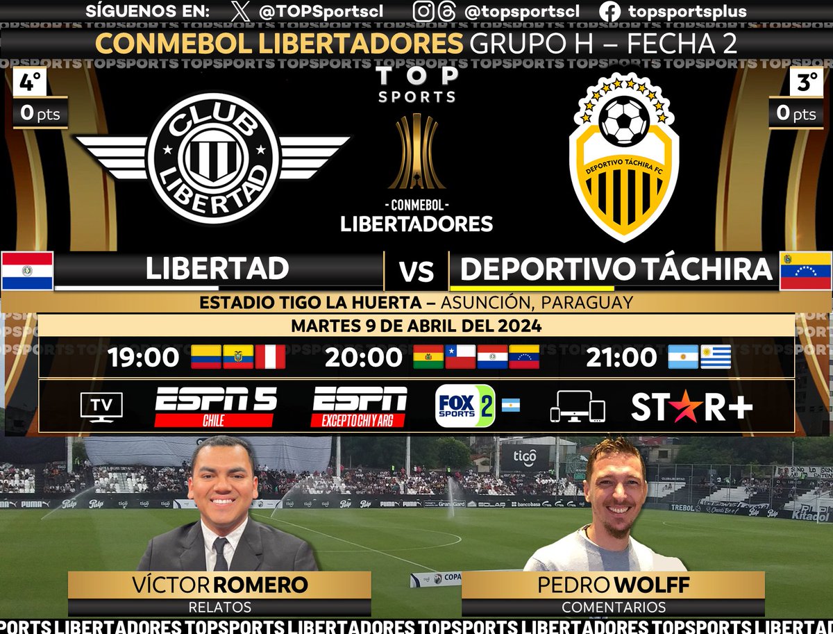 CONMEBOL #Libertadores 🏆 Grupo H, Fecha 2
🇵🇾 #Libertad - #DeportivoTáchira 🇻🇪

🎙️ Relatos: @SoyVictorRomero
🗣️ Comentarios: @WolffPedro

#⃣ #LIBERTADORESxESPN #ESPNenStarPlus - #GloriaEterna
🖥️ ESPN 5 🇨🇱
🖥️ ESPN Sudamérica ❌🇨🇱🇦🇷
🖥️ FOX Sports 2 🇦🇷
📱💻 @StarPlusLA
🔃❤️