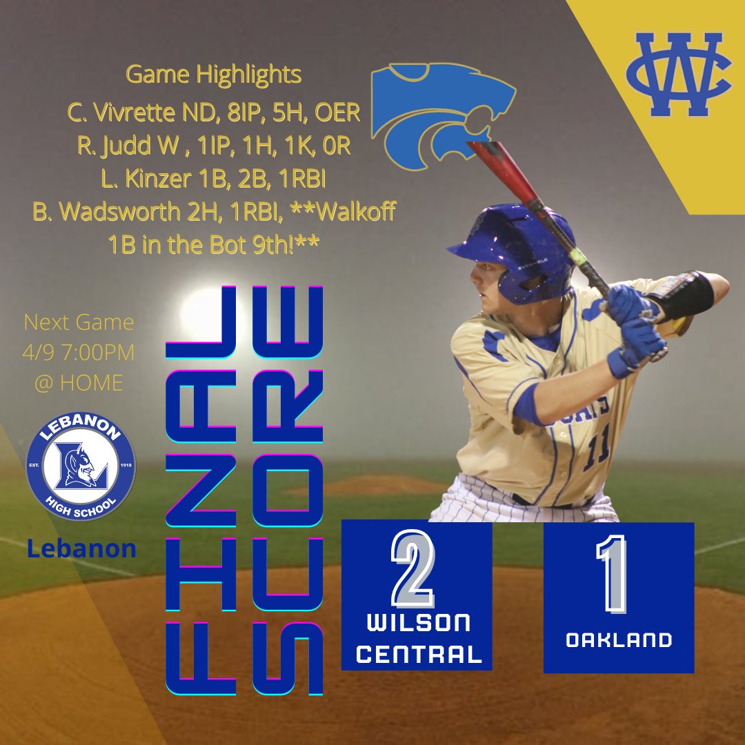 Vivrette was phenomenal on the bump! Wads got the BIG hit with a 3-2 2 OUT BASES Loaded Knock in the Bottom of the 9th to walk it off!! @wcsn16 <a href="/WilsonCentralHS/">WCHS</a>