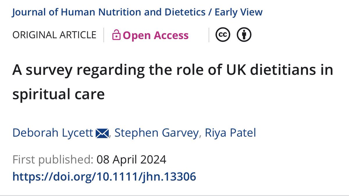 How do UK Dietitian’s view addressing spiritual needs and delivering spiritual care as part of their dietetic practice?  Just published, the first cross sectional survey exploring exactly this among #UK Dietitians. #RD #RD2B @BDA_Dietitians 🔗: doi.org/10.1111/jhn.13…