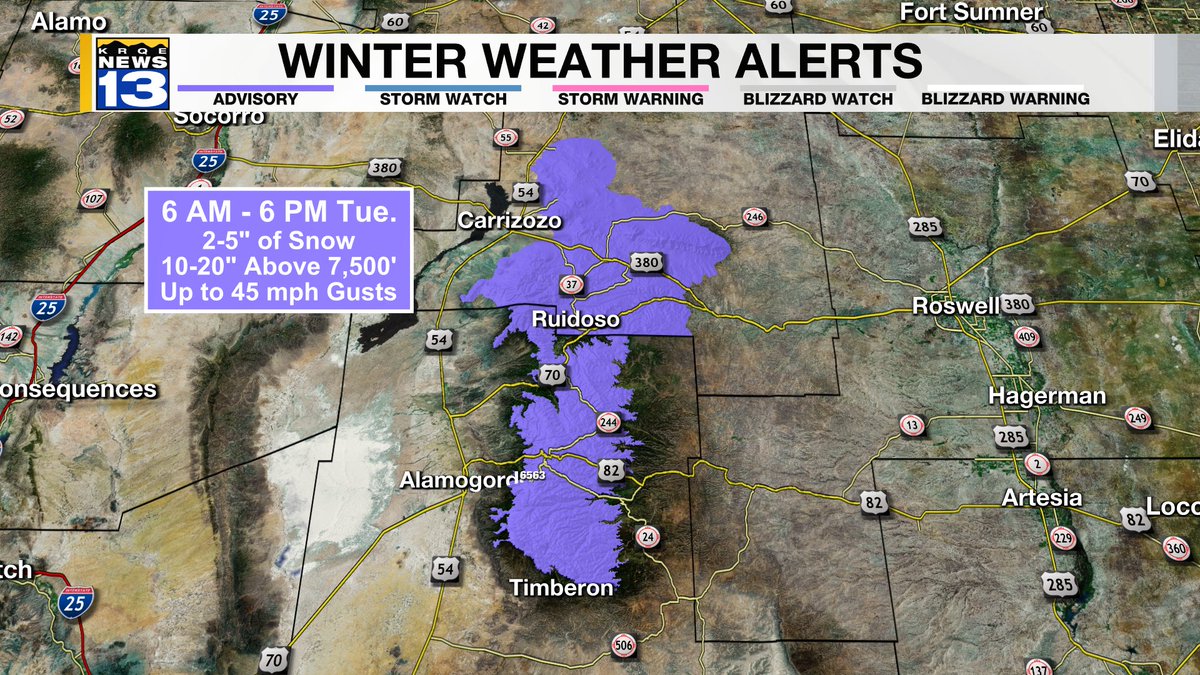 ⚠️ A Winter Weather Advisory is in effect for the Sacramento Mountains starting Tuesday morning. Generally, 2-5' of snow is likely, but up to 20' is possible above 7,500'! @krqe #NMwx