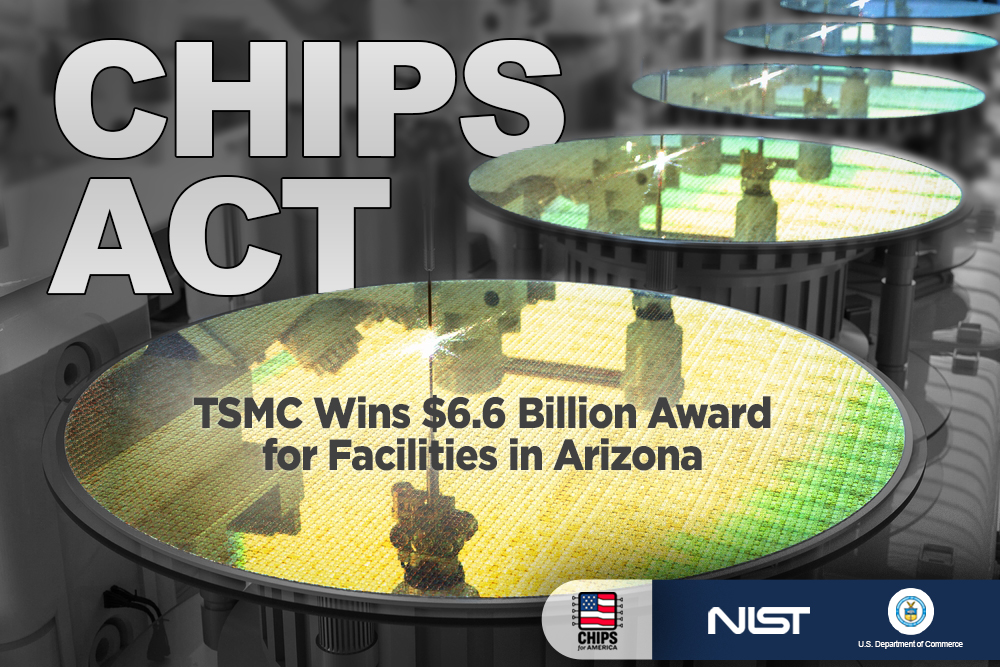 SEMI today applauded the @CommerceGov's announcement of a Preliminary Memorandum of Terms for an award under the CHIPS and Science Act to support the construction of TSMC chip manufacturing facilities in Arizona. #CHIPSAct #semiconductors Learn more. 👉 bit.ly/3VQyHvt