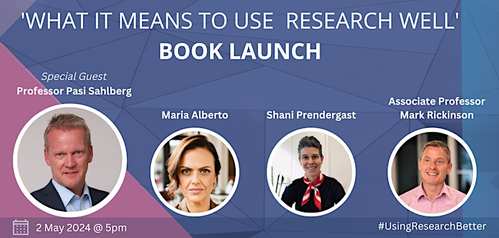 It's time for a book launch! 🥳 Join @pasi_sahlberg, @M_Alberto_Aus, @sj_prendergast & @mark_rickinson to launch our new book on using research well! Over some food & drinks we'll celebrate five years of work with 2,100+ educators! Free registration👇eventbrite.com.au/e/what-it-mean…