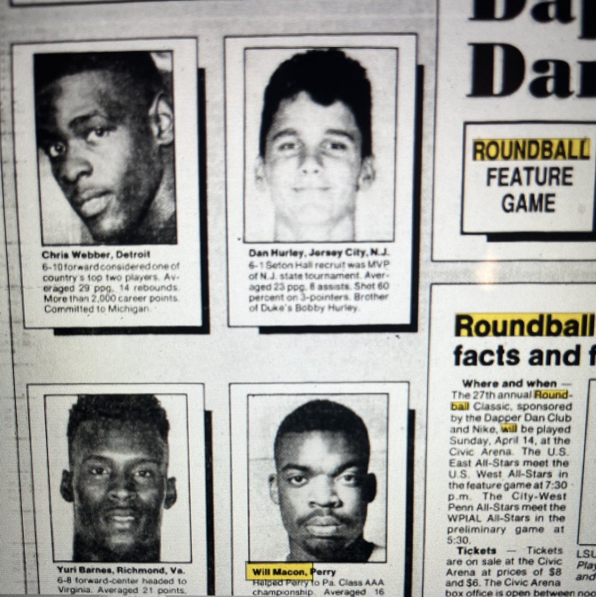 Dan Hurley, when he played in the Dapper Dan Roundball Classic in Pittsburgh in 1991. Chris Webber a US East teammate along with Perry’s Will Macon.