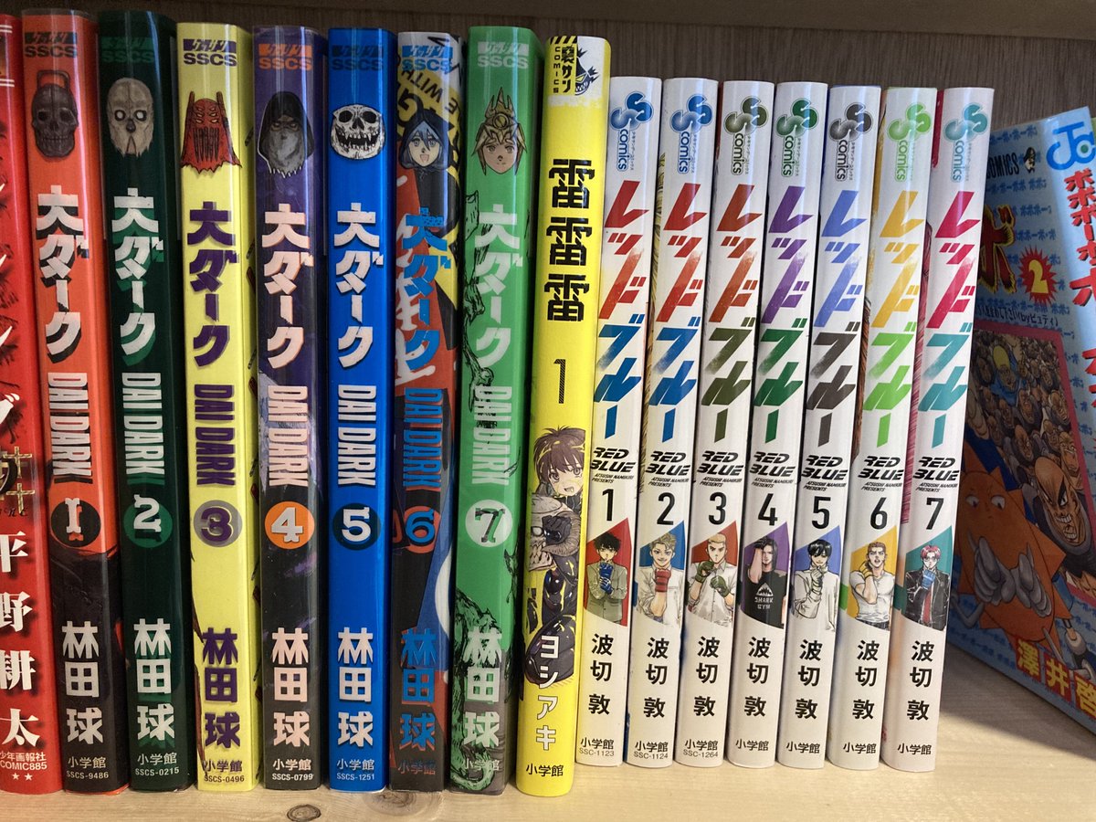 本棚の中身を少し入れ替えました。
店主が追ってる連載枠です。
「大ダーク」は林田球先生らしい容赦のない暴力と笑いとユルさの塩梅が最高に良いです。
「レッドブルー」は今もっとも楽しみにしている連載作品！Webで1話が読めるので、この1話が刺さった人には全力でおすすめしたいです。