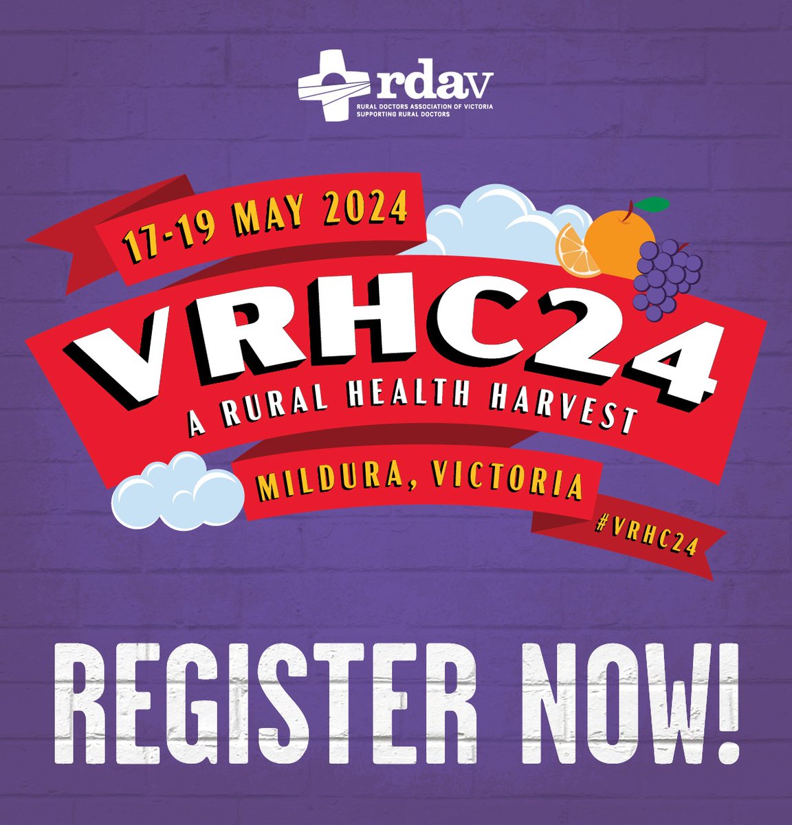 1 week to go!! You can still register for the Victorian Rural Health Conference 2024 bit.ly/476kxt4 Thanks to our VRHC24 Partners @ACRRM Gold, Silver @MurrayPHN & @VicRGProgram , Gala Dinner @ChiesiGroup Aust, Welcome to Mildura:Mildura Base Public Hosp