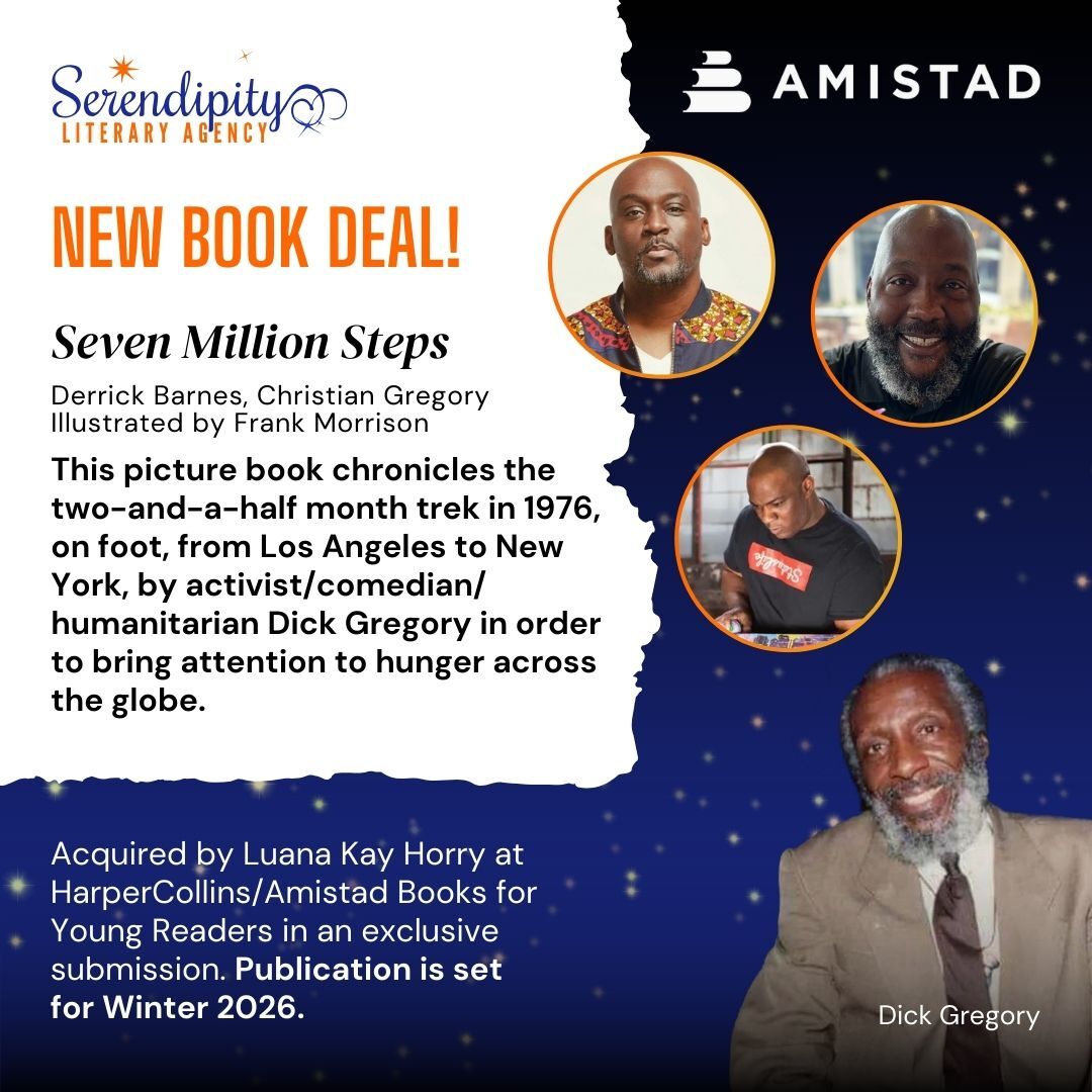 Congratulations to #SerendipityLit author Derrick Barnes Christian Gregory (@IAmDickGregory), and @frankmorrison_ on their recent book deal with @AmistadBooks!