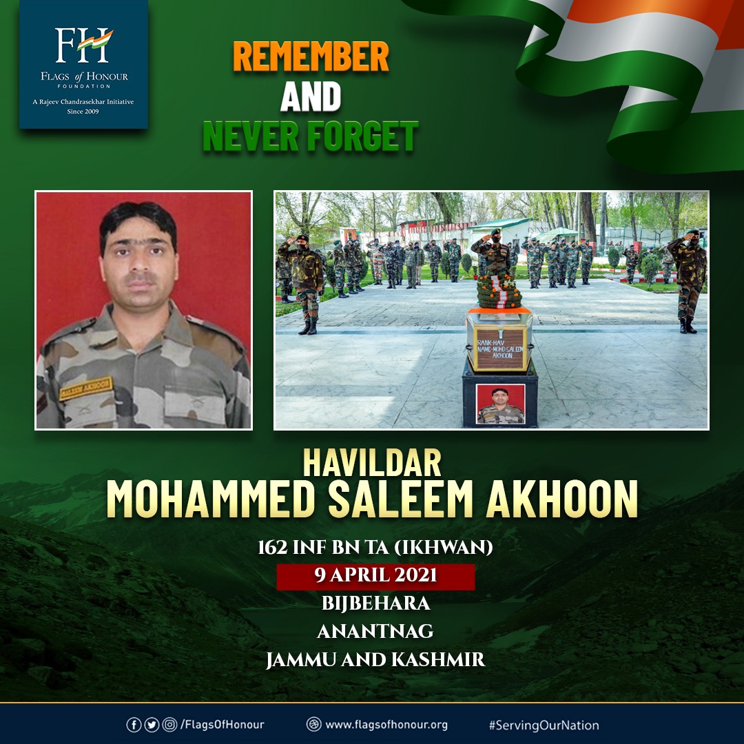 Havildar Mohammed Saleem Akhoon, 162 Inf Bn, TA laid down his life #OnThisDay, 9 April 2021, when terrorists attacked him at his home in Bijbehara, Anantnag, J&K. #RememberAndNeverForget his supreme sacrifice #ServingOurNation.
