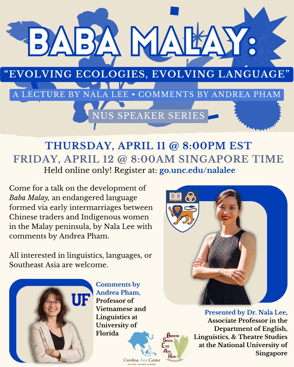 Dr. Nala Lee joins @UNCAsiaCenter for a webinar titled, “Baba Malay: Evolving ecologies, evolving language” with comments by Andrea Pham April 11 @ 8 PM EDT tinyurl.com/y58juzhr #Malaysia #Linguistics #malay #Asialanguages #SoutheastAsia #Webinar #AcademicTwitter