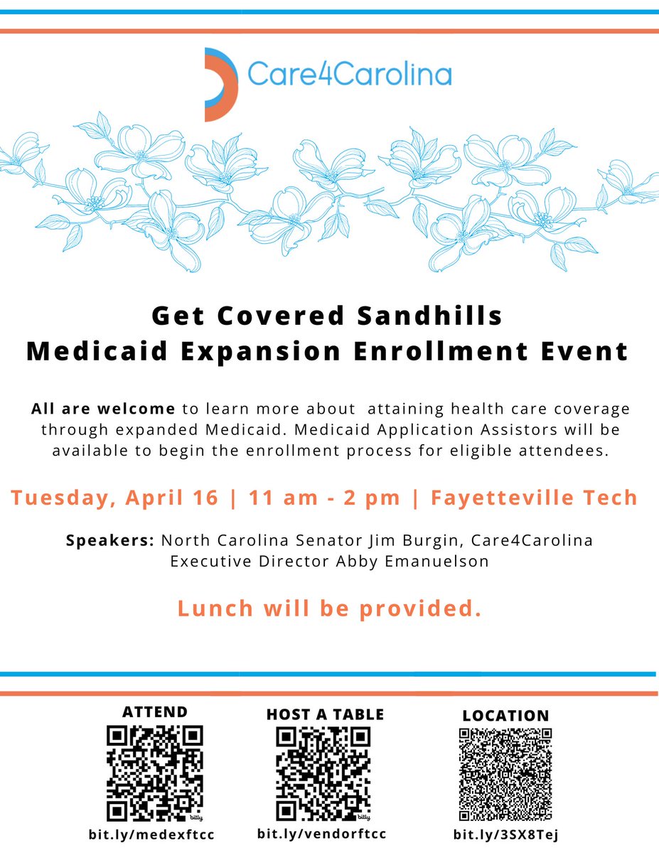 Join Care4Carolina on Tue. 4/16 for their Get Covered Sandhills Medicaid Expansion Enrollment Event from 11:00am-2:00pm!
care4carolina.com/event/get-cove…
#medicaidexpansionnc #healthequity #healthcareaccess