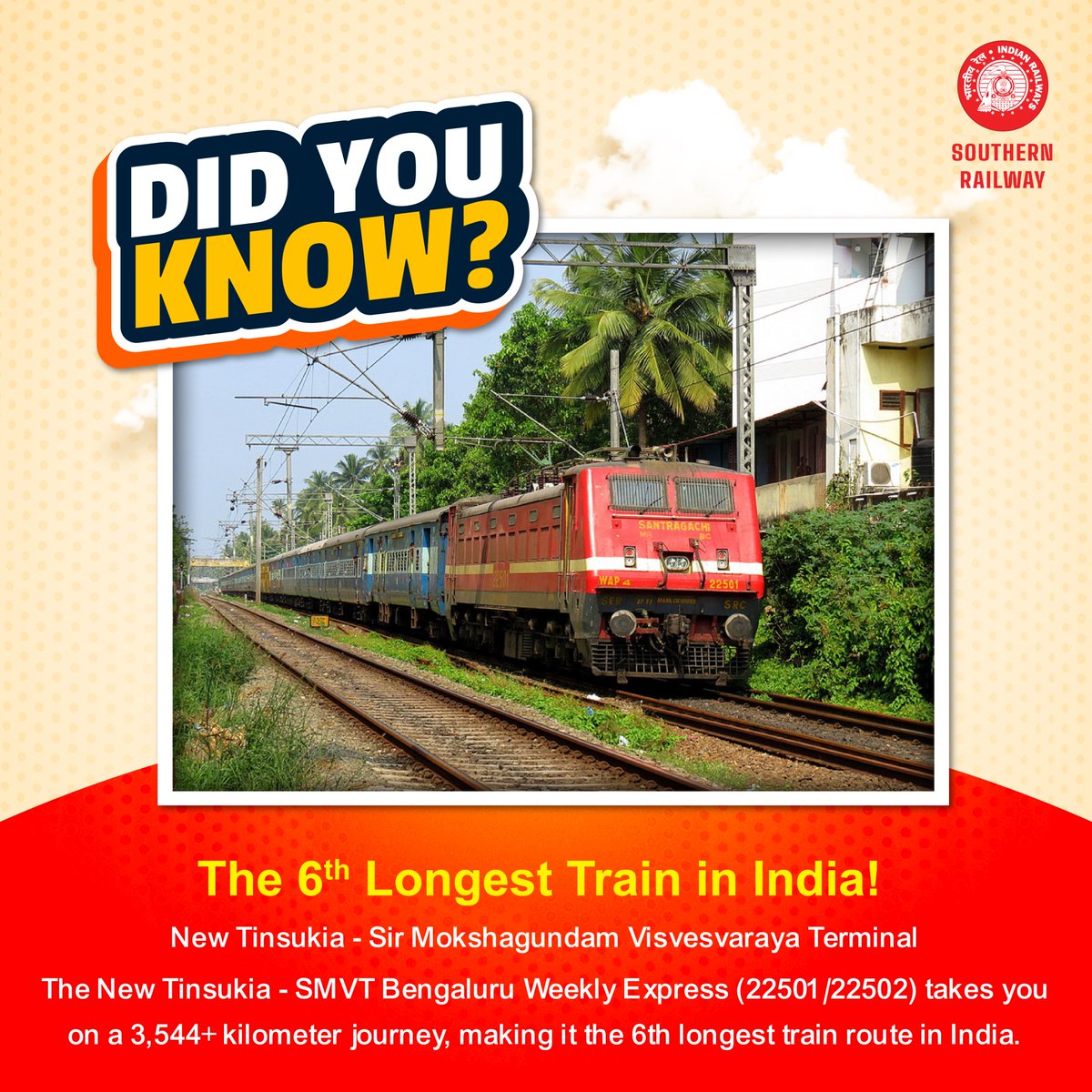 #India's 6th Longest #Train Route! 🚆 

The New Tinsukia - SMVT Bengaluru Superfast Express (20501/20502), spanning over 3,544 kilometers.   

Discover the beauty of diverse landscapes and cultures as you traverse this remarkable route. 📷

#SouthernRailway