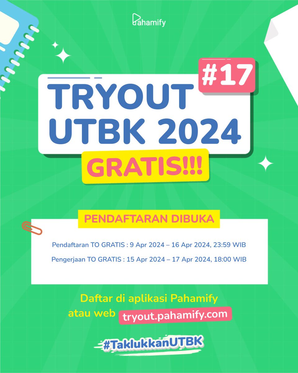 pahamify's tweet image. 🥇Pendaftaran TO UTBK 2024 #17 GRATIS Dibuka🥇

Pendaftaran GRATIS terakhir: 16 April 2024 | 23.59 WIB

Daftar di app Pahamify atau di web tryout.pahamify.com
