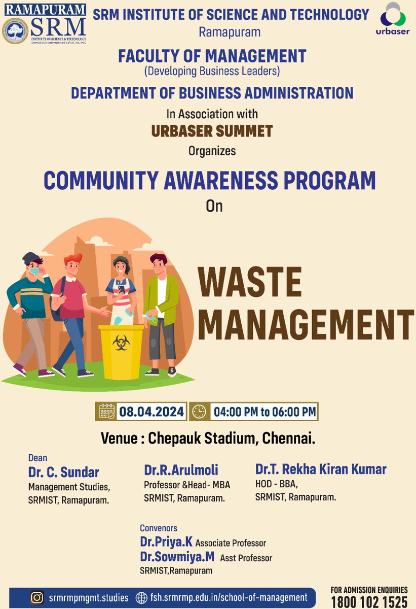 SRM Institute of Science and Technology,
Faculty Of Management
( Developing Business Leaders)
Community Awareness Program on Waste Management 
In association with Urbaser Sumeet 
Date : 08/04/2024
Venue : Chepauk Stadium
#MBA
#BBA
#srmramapuram
#ManagementStudies