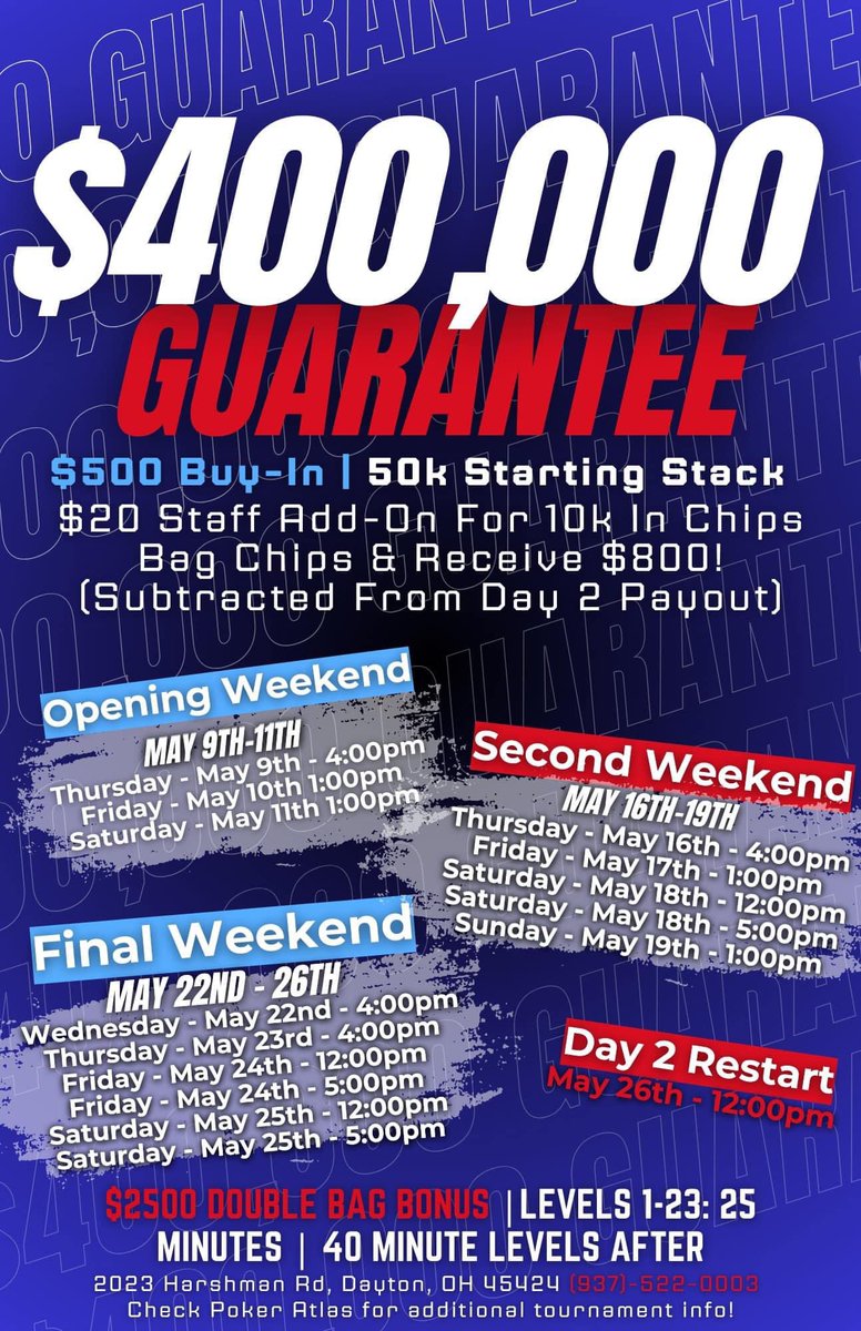 $400,000 Guarantee May 9th-26th! 🏆 $500 Buy-In • 50k Starting Stack Bag chips & receive $800 instantly! 💸(Subtracted from day 2 payout) $2,500 Double Bag Bonus 🎁 - May 26th Day 2 Restart ⏱️ Located At 📍 2023 Harshman Rd, Dayton, OH 45424 📲 (937)-522-0003