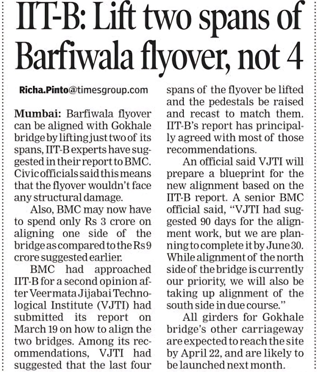 Gokhale alignment likely by JUNE 30 IIT-B Lift 2 spans of Barfiwala flyover not 4 📰 @richapintoi BMC have to spend only 3 crores for aligning 1 side of the bridge 🌉 As compared to 9 suggested earlier All girders of GB span 2 to arrive by April 22 @RatanSharda55 @Anujalankar9…