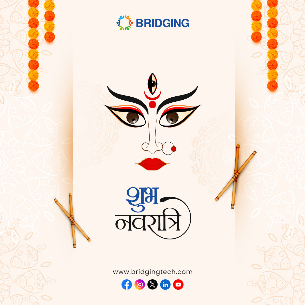 On this auspicious occasion of Navratri, may Goddess Durga bless you with abundant joy, health, and prosperity. Happy Navratri! #bridgingtechnologies #Navratri2024 #HappyNavratri #NavratriVibes #NavratriSpecial #festival