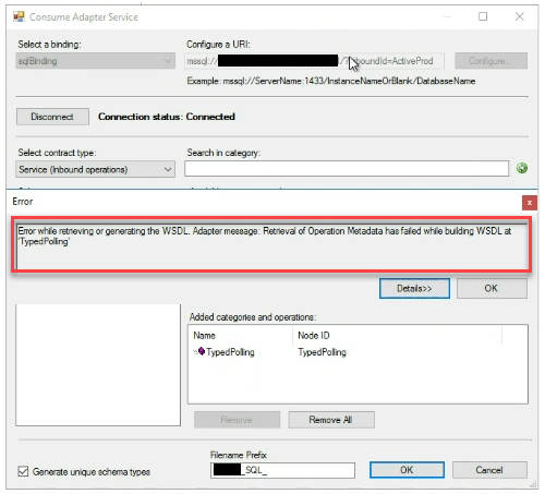 BizTalkGurus's tweet photo. BizTalk WCF-SQL Adapter Error: Retrieval of Operation Metadata has failed while building WSDL at TypedPolling https://t.co/eaxhePkCFO https://t.co/v6YekN05Zs