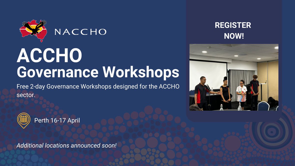 Free, specialised governance workshops for ACCHOs will be delivered in multiple locations during 2024 to 2025! Registrations are open now for Perth: •April 16-17 Register here: naccho.org.au/governance-tra… #OurHealthInOurHands