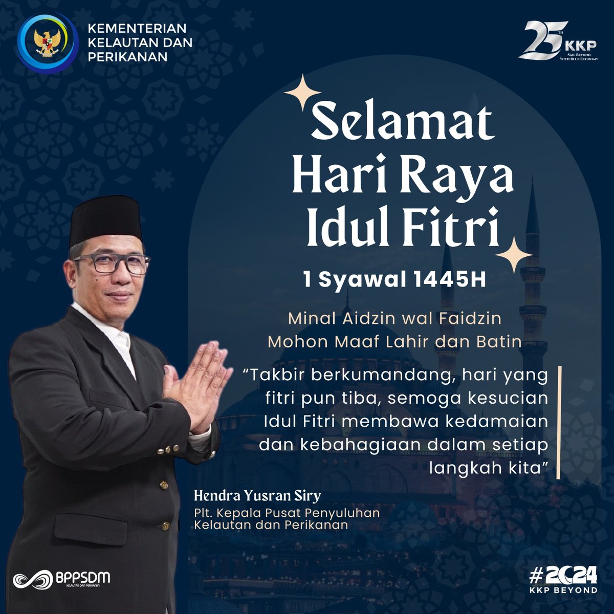 bppsdm_pusluhkp's tweet photo. #sobatbahari. Keluarga besar Pusat Penyuluhan Kelautan dan Perikanan mengucapkan Selamat Hari Raya Idul Fitri 1445H Minal Aidin Wal Faidzin, Mohon Maaf Lahir dan Bathin
@kkpgoid
@saktitrenggono
@in_radiarta https://t.co/cwDWX91Gqc