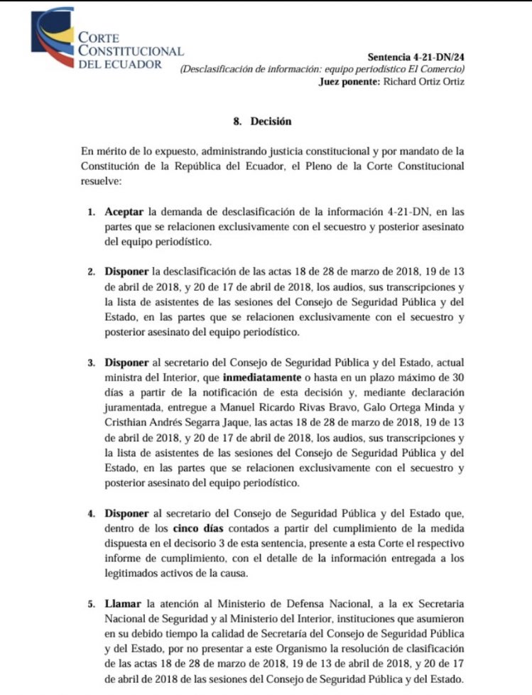 Seis años después del secuestro y asesinato del equipo de El Comercio en la frontera norte, @CorteConstEcu ordena la desclasificación de la información y llama la atención a @DefensaEc, entre otras instituciones, por la falta de transparencia.