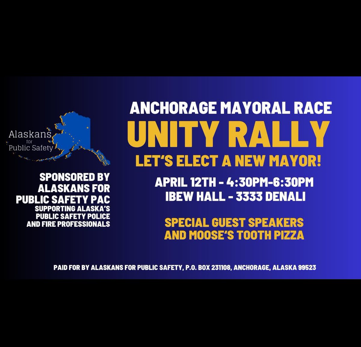 Anchorage—let’s elect a new mayor.
⚓️💙💛

Suzanne LaFrance is poised to win this race and restore competency, ethics, &amp; fiscal responsibility to City Hall.

Unity Rally this Friday for all of us to join forces in order to fire <a href="/mayor_bronson/">Mayor Dave Bronson</a> 

#ancelect #ancgov #akleg #akelect