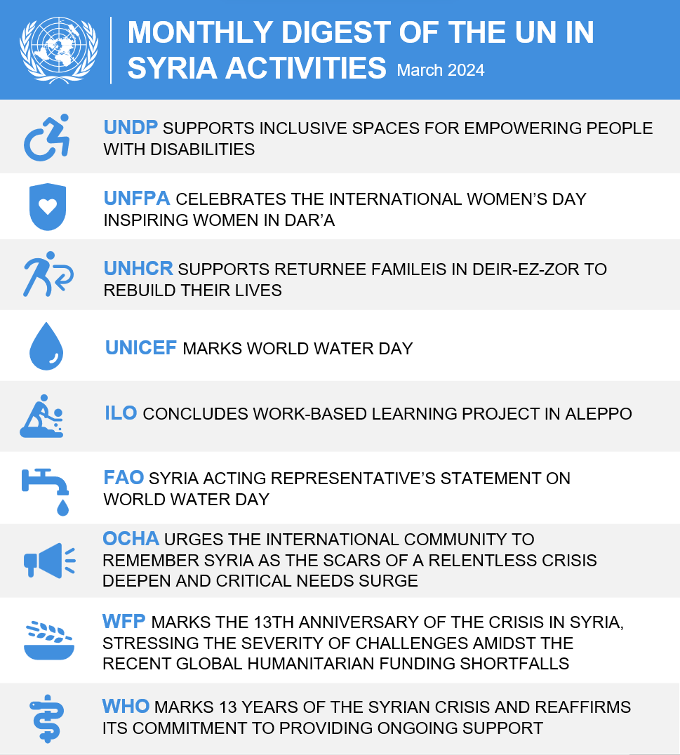 📣 13 years of going crisis in Syria, the UN remains committed to delivering support and advocating for a peaceful future. 👇 Read all about it in our March monthly digest syria.un.org/en/265521-mont…