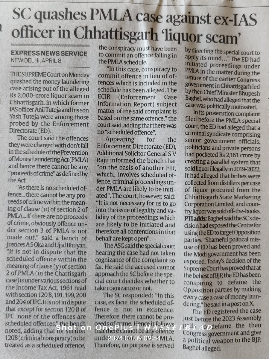 So, in plain terms - @dir_ed 'fabricated' a PMLA case against @INCIndia's C'Garh Govt alleging money laundering of Rs. 2161 crores as the SC held that there was no scheduled predicate offence & quashed ED's ECIR. And, we, the people, pay for the salaries of ED's officers 😔