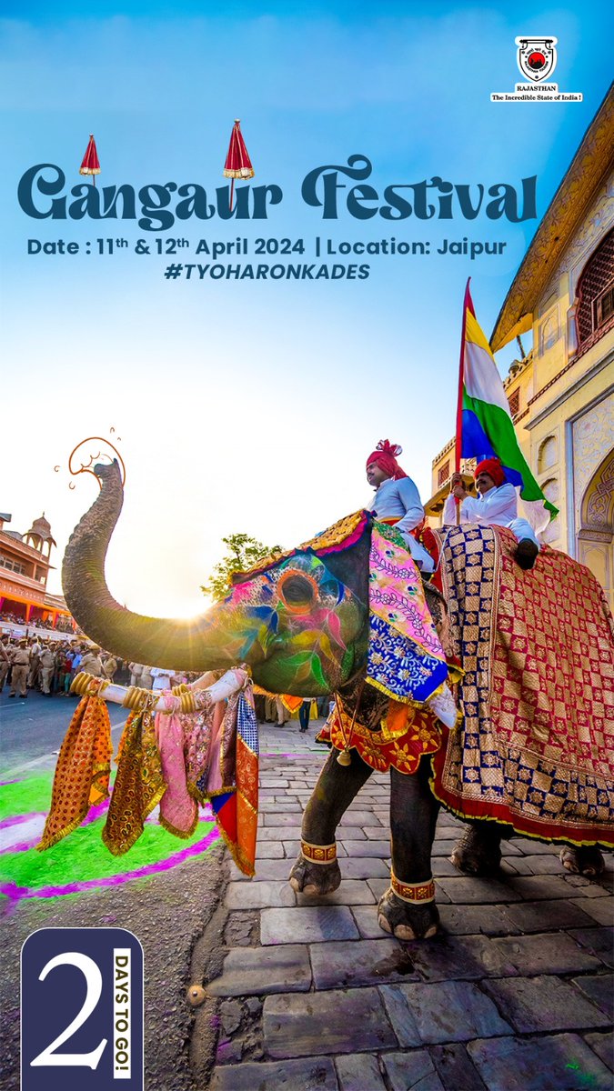 Don't miss the chance to witness the majestic Gangaur procession and be part of the joyous celebrations in Jaipur! 2 Days To Go! #TyoharonKaDes #ColoursOfIndia #GangaurFestival #Jaipur #RajasthanTourism #Rajasthan